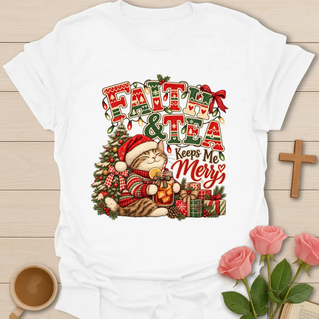 Faith & Tea Ugly Christmas Christian t-shirt with festive ugly-Christmas-style tea design - White