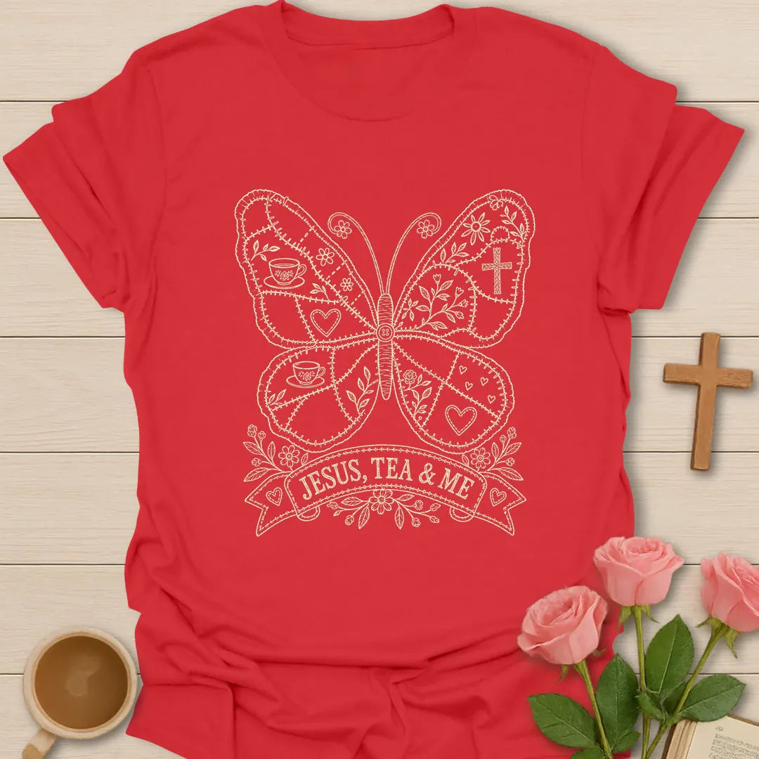 Faithful Patchwork Butterfly shirt with patchwork butterfly artwork and faith-inspired design. - Red