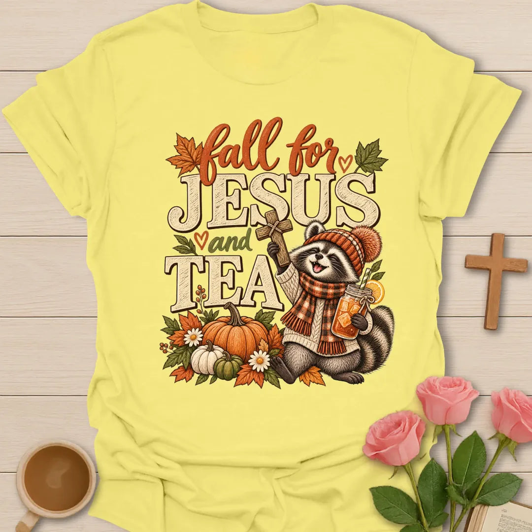 Fall For Jesus And Tea Christian t-shirt with fall faith-inspired tea lettering design - Cornsilk