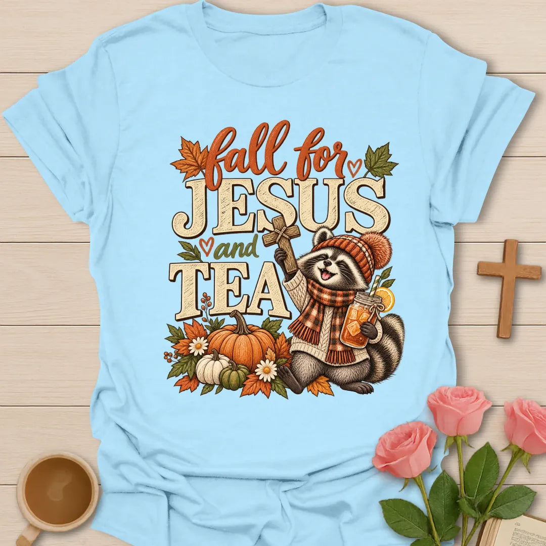 Fall For Jesus And Tea Christian t-shirt with fall faith-inspired tea lettering design - Light Blue