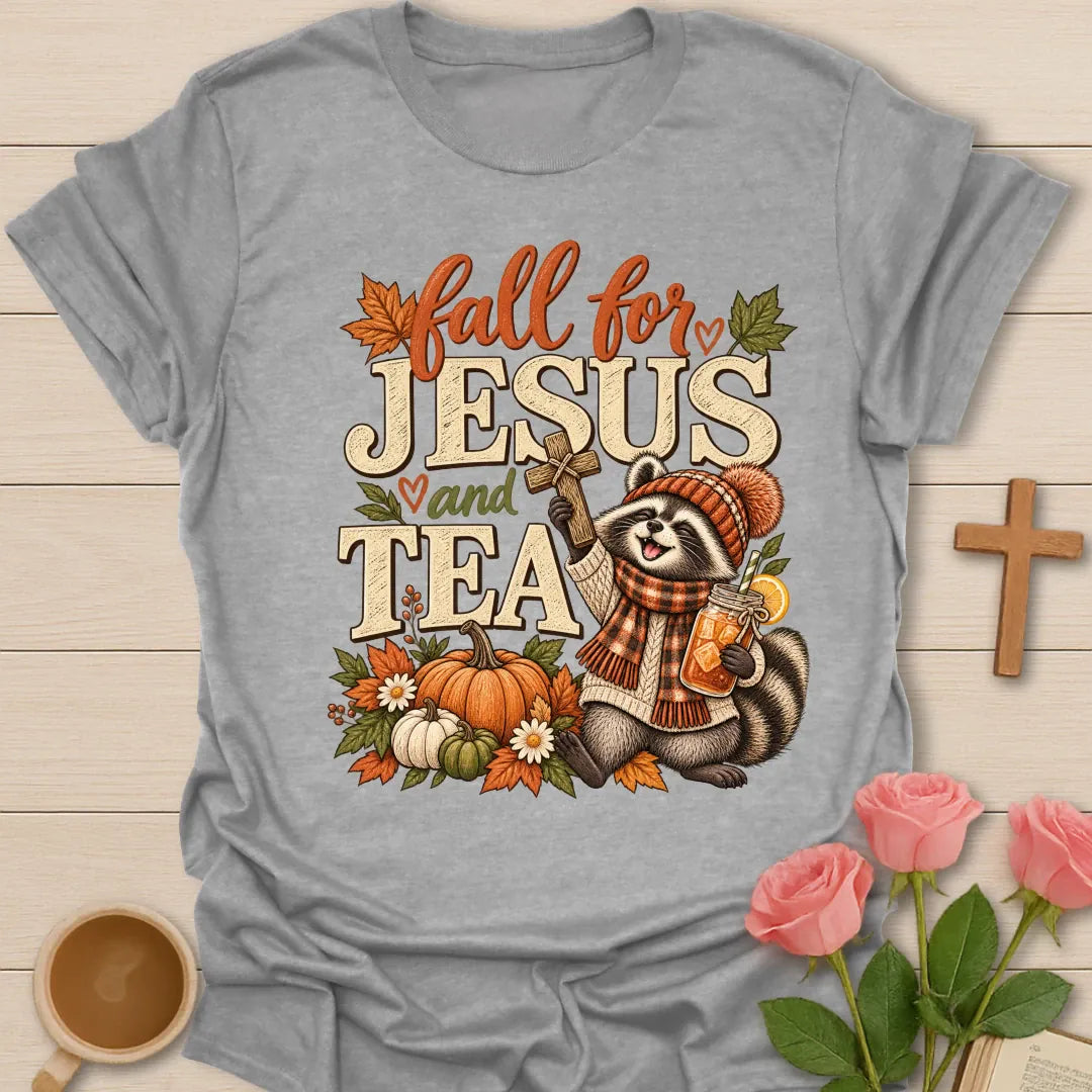 Fall For Jesus And Tea Christian t-shirt with fall faith-inspired tea lettering design - Sport Grey