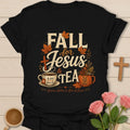 Fall For Jesus and Tea shirt with fall leaves, pumpkin mug, teacup, cross, and grace phrase. - Black