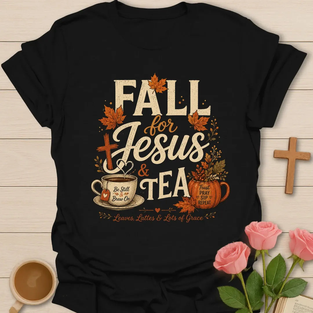 Fall For Jesus and Tea shirt with fall leaves, pumpkin mug, teacup, cross, and grace phrase. - Black