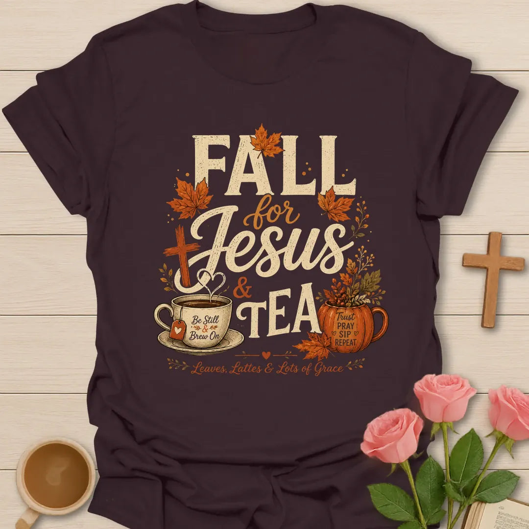 Fall For Jesus and Tea shirt with fall leaves, pumpkin mug, teacup, cross, and grace phrase. - Dark Chocolate