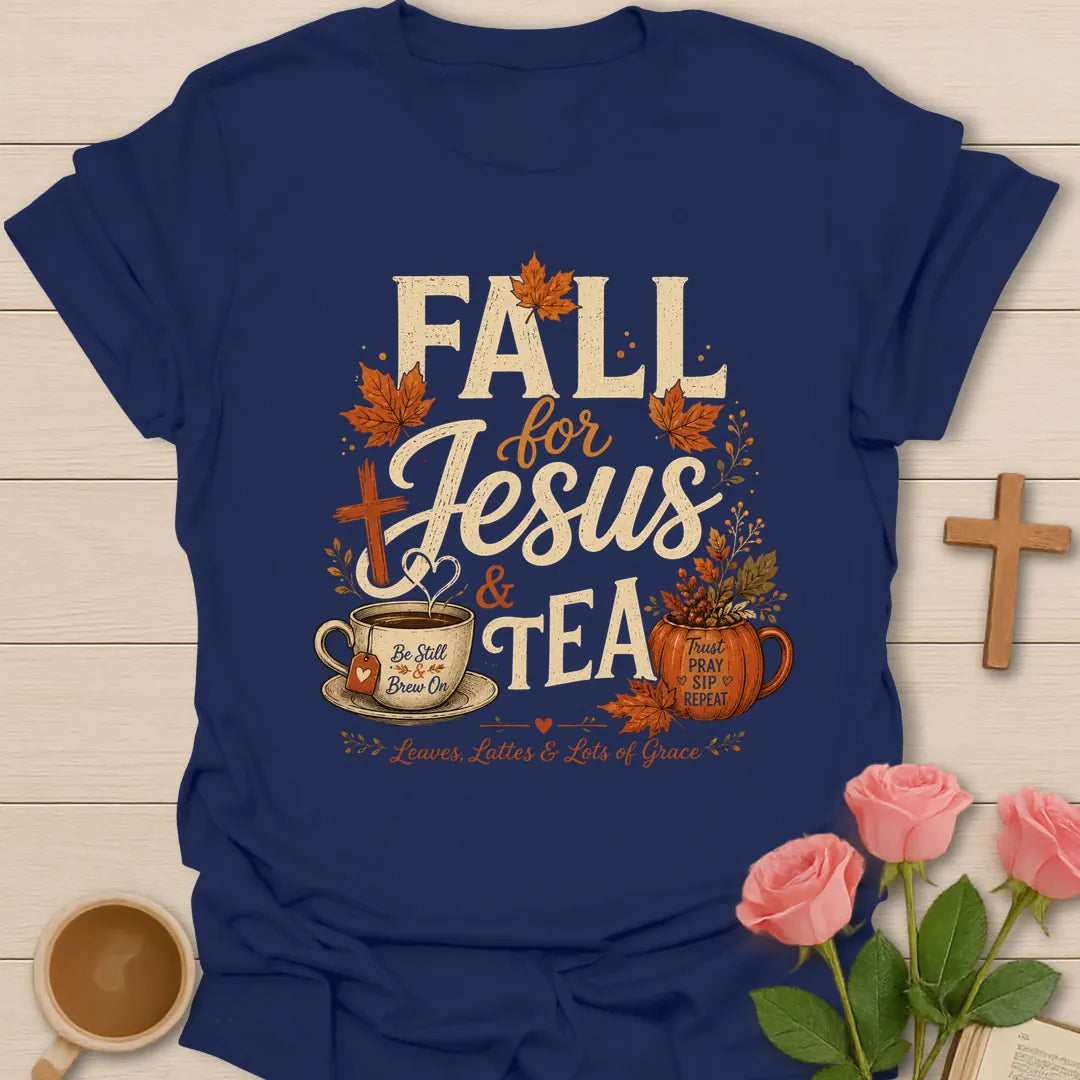 Fall For Jesus and Tea shirt with fall leaves, pumpkin mug, teacup, cross, and grace phrase. - Navy