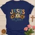 Fall Jesus and Tea shirt with cozy autumn colors, sunflowers and a teacup - Navy