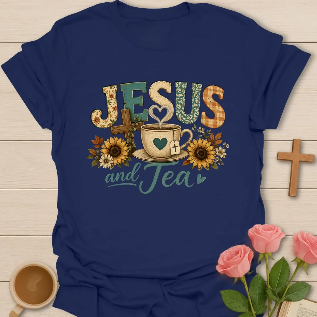 Fall Jesus and Tea shirt with cozy autumn colors, sunflowers and a teacup - Navy
