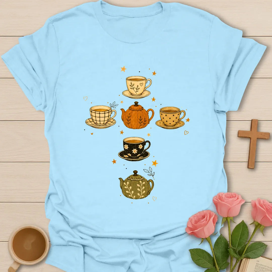 Fall Pumpkin Tea Cross Christian t-shirt with autumn motif and faith-inspired lettering - Light Blue
