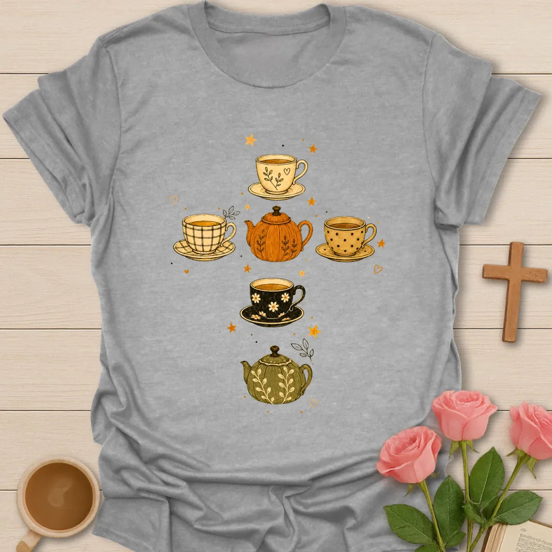Fall Pumpkin Tea Cross Christian t-shirt with autumn motif and faith-inspired lettering - Sport Grey