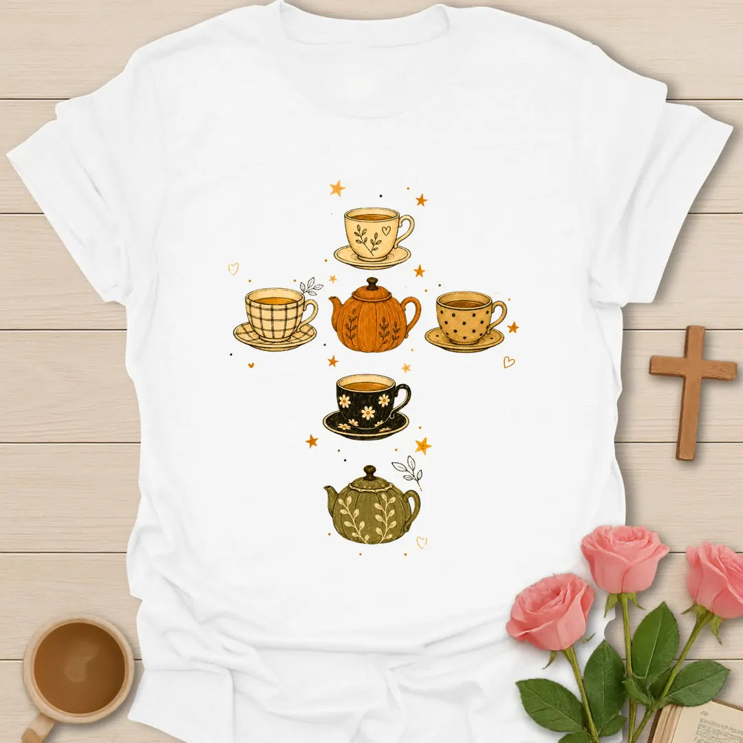 Fall Pumpkin Tea Cross Christian t-shirt with autumn motif and faith-inspired lettering - White