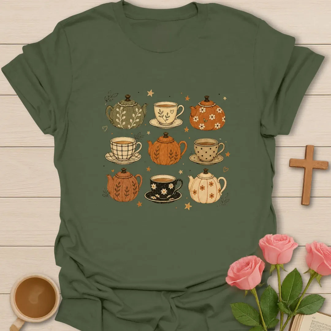Fall Pumpkin Tea Christian t-shirt with autumn lettering and faith-inspired design - Military Green