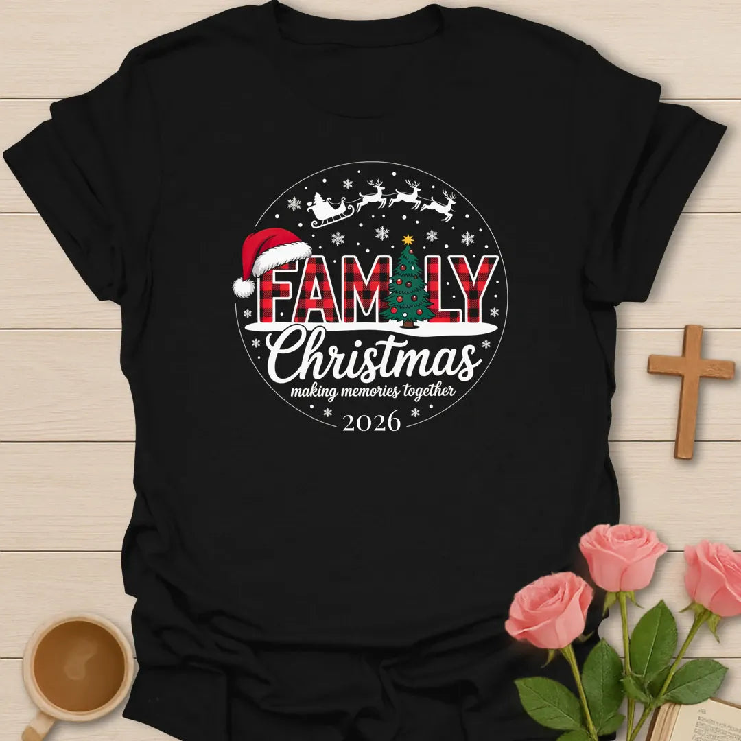 Family Christmas 2026 matching holiday T-shirt with buffalo plaid letters Christmas tree and Santa sleigh - Black
