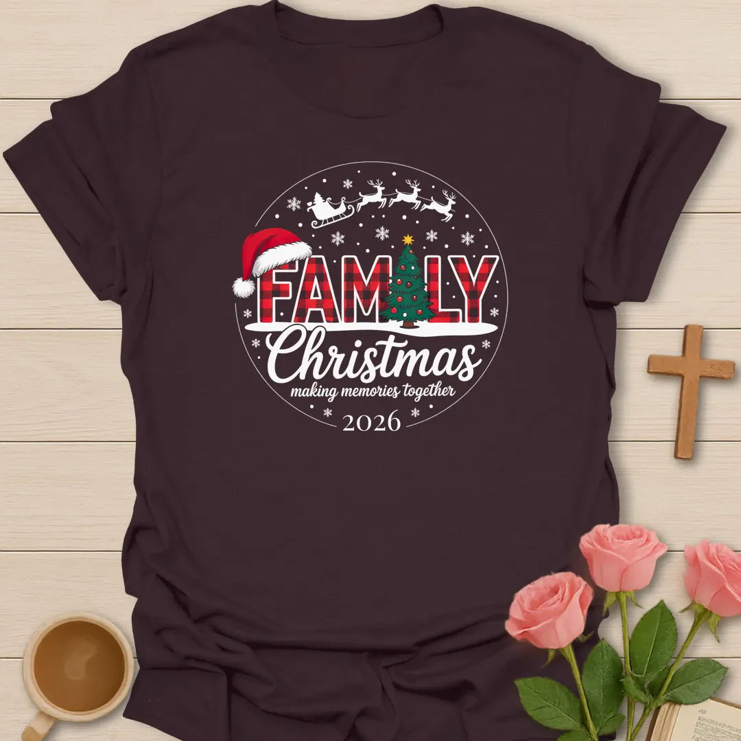 Family Christmas 2026 matching holiday T-shirt with buffalo plaid letters Christmas tree and Santa sleigh - Dark Chocolate