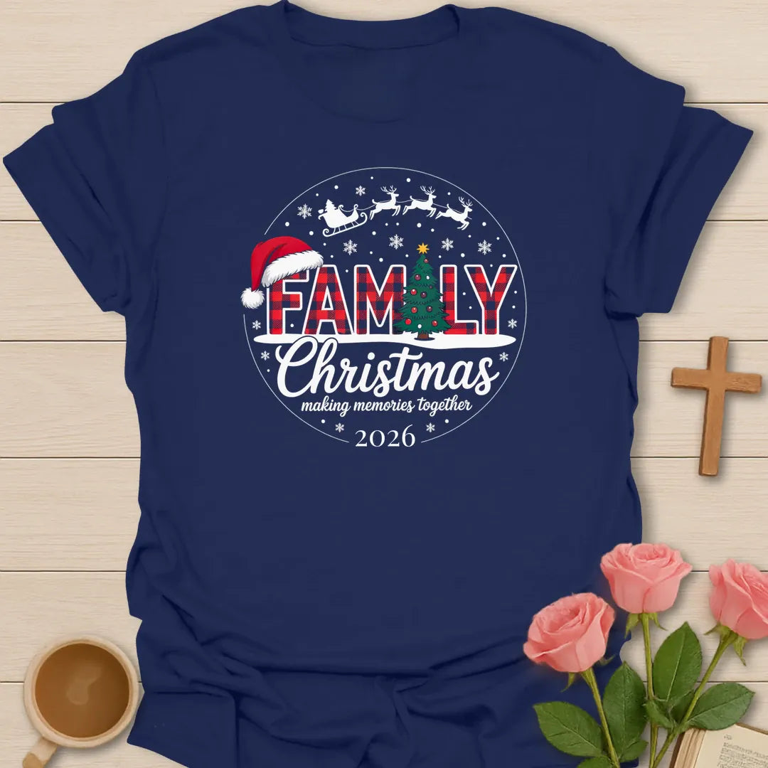Family Christmas 2026 matching holiday T-shirt with buffalo plaid letters Christmas tree and Santa sleigh - Navy