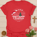 Family Christmas 2026 matching holiday T-shirt with buffalo plaid letters Christmas tree and Santa sleigh - Red