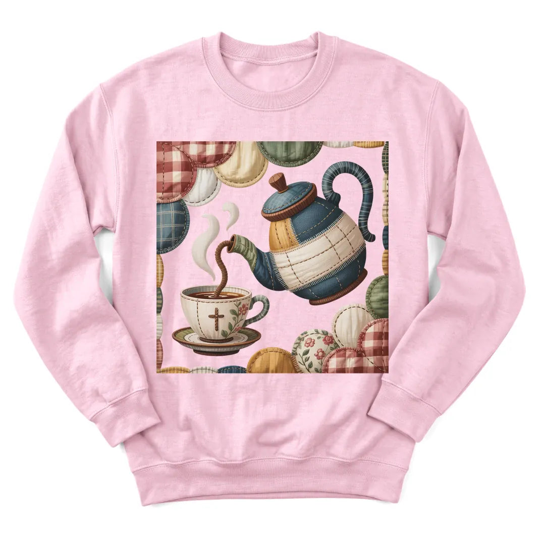 Faux patchwork quilted tea pour sweatshirt with quilt squares and teapot design - Light Pink