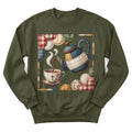 Faux patchwork quilted tea pour sweatshirt with quilt squares and teapot design - Military Green