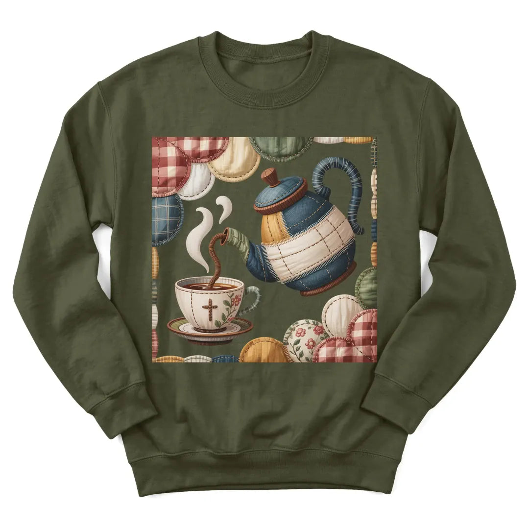 Faux patchwork quilted tea pour sweatshirt with quilt squares and teapot design - Military Green