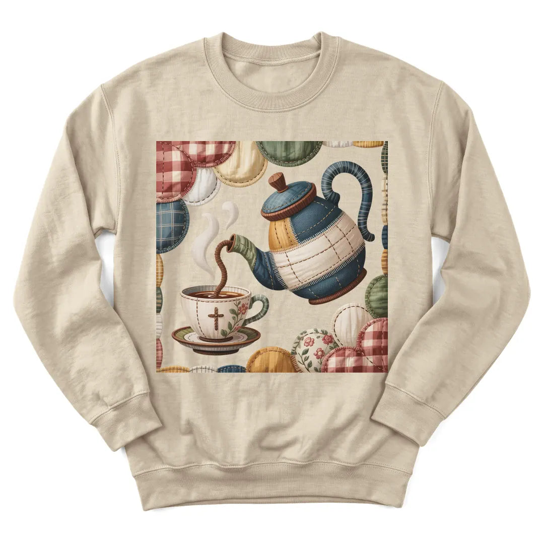 Faux patchwork quilted tea pour sweatshirt with quilt squares and teapot design - Sand