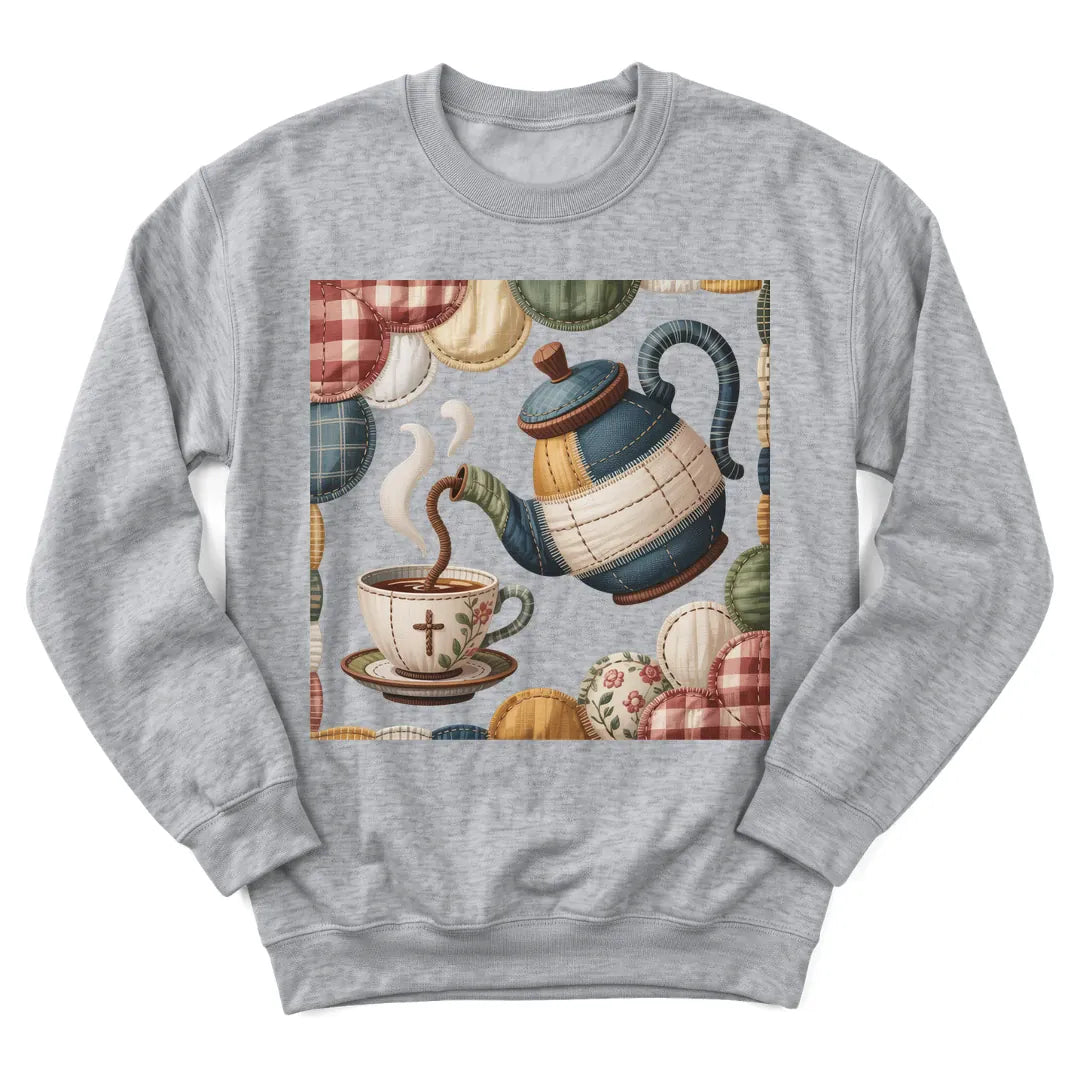Faux patchwork quilted tea pour sweatshirt with quilt squares and teapot design - Sport Grey