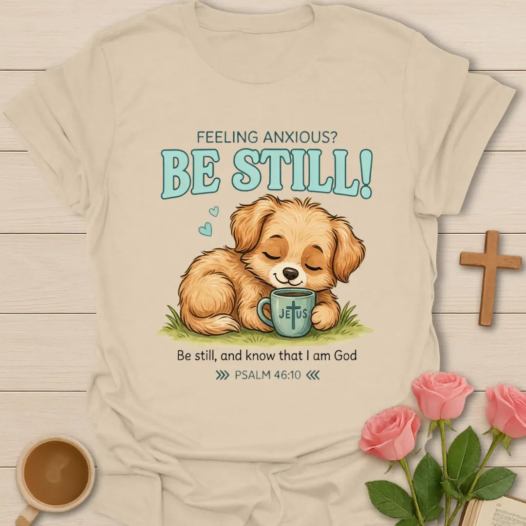 Feeling Anxious Puppy Christian t-shirt with faith-inspired tea lettering design - Sand