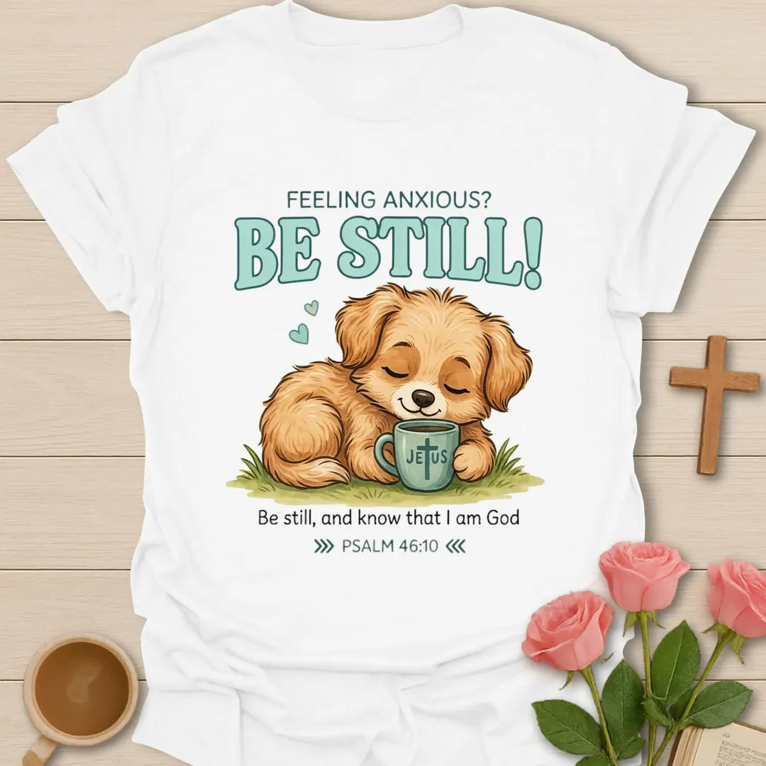 Feeling Anxious Puppy Christian t-shirt with faith-inspired tea lettering design - White