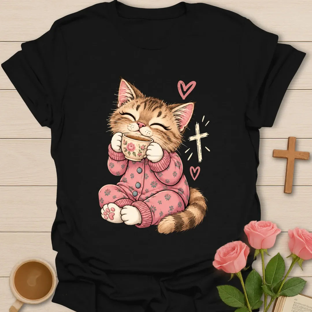 Feline Loves Tea Christian t-shirt with a smiling kitten in pink pajamas holding a teacup beside a cross - Black