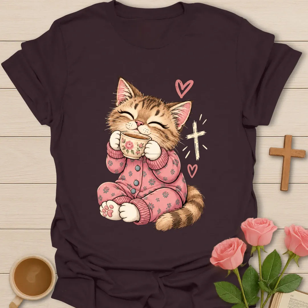Feline Loves Tea Christian t-shirt with a smiling kitten in pink pajamas holding a teacup beside a cross - Dark Chocolate