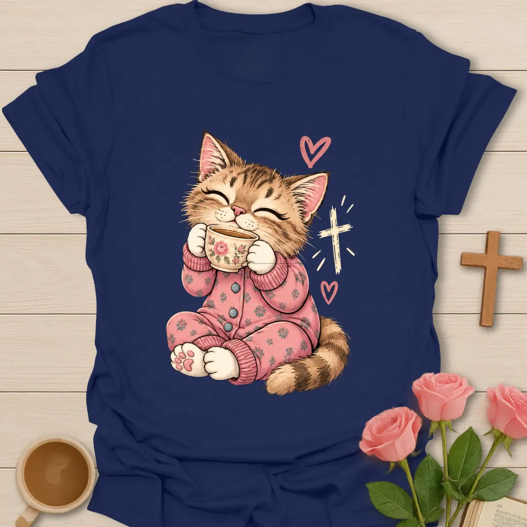 Feline Loves Tea Christian t-shirt with a smiling kitten in pink pajamas holding a teacup beside a cross - Navy