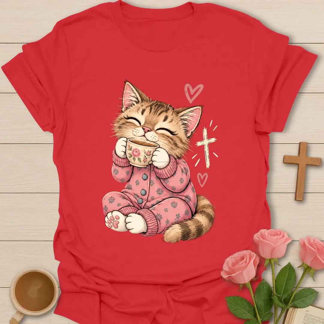 Feline Loves Tea Christian t-shirt with a smiling kitten in pink pajamas holding a teacup beside a cross - Red