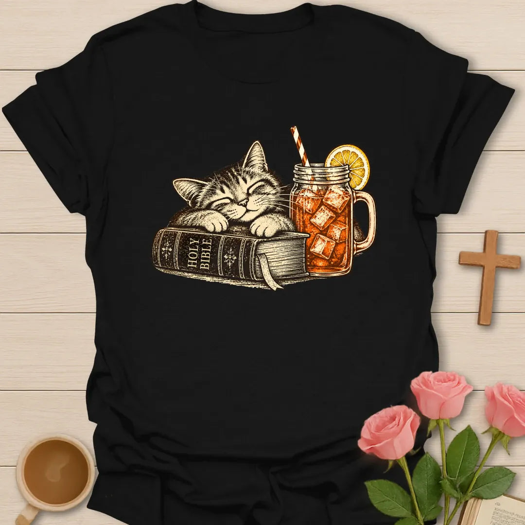 Feline Sweet Tea t-shirt with a vintage sleeping tabby cat resting on a Holy Bible next to a mason jar of iced sweet tea with lemon - Black