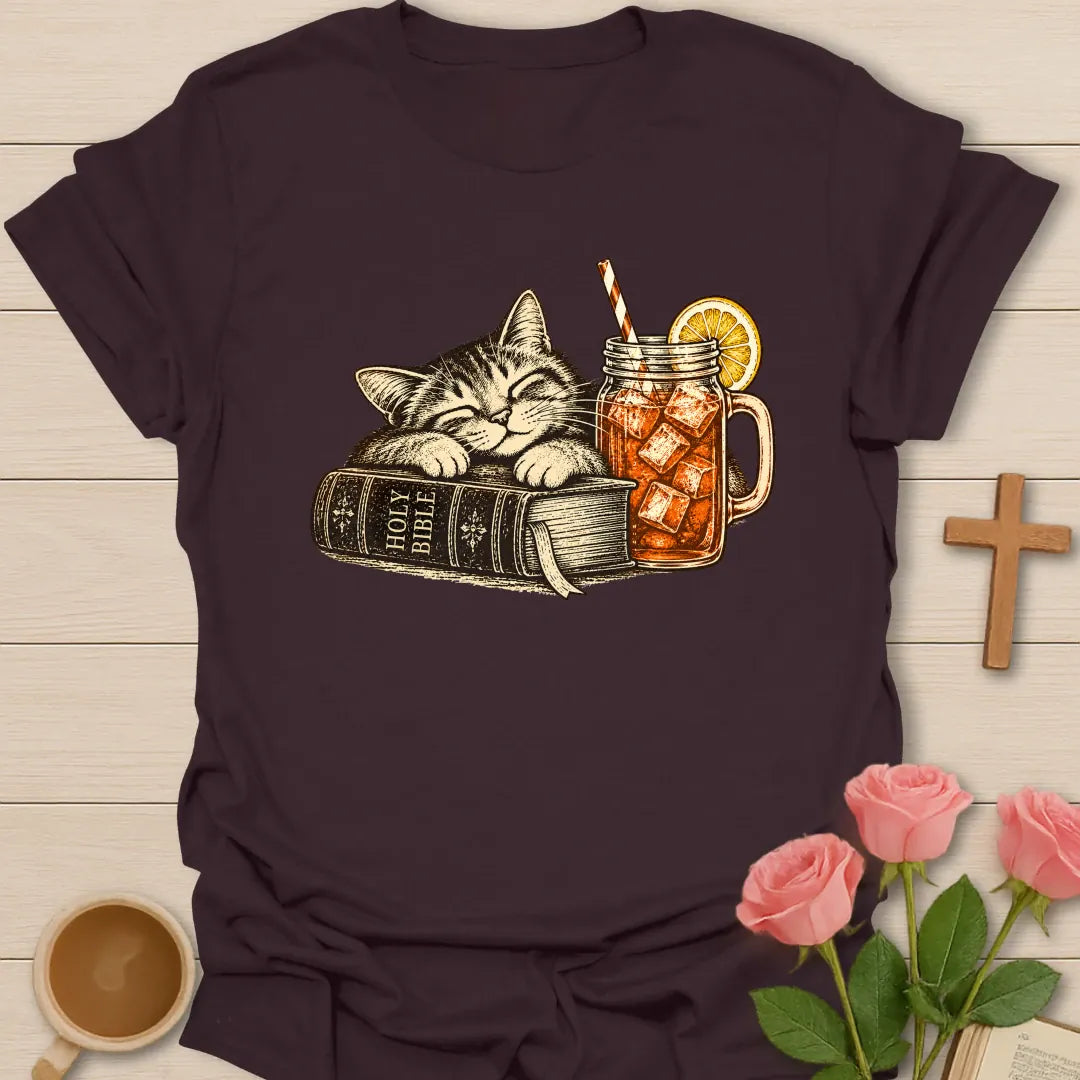 Feline Sweet Tea t-shirt with a vintage sleeping tabby cat resting on a Holy Bible next to a mason jar of iced sweet tea with lemon - Dark Chocolate