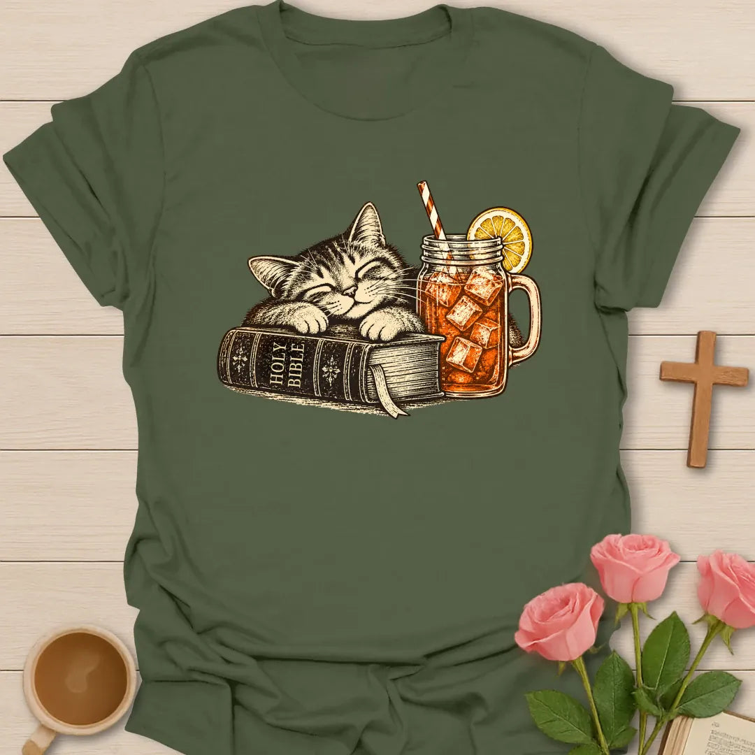 Feline Sweet Tea t-shirt with a vintage sleeping tabby cat resting on a Holy Bible next to a mason jar of iced sweet tea with lemon - Military Green