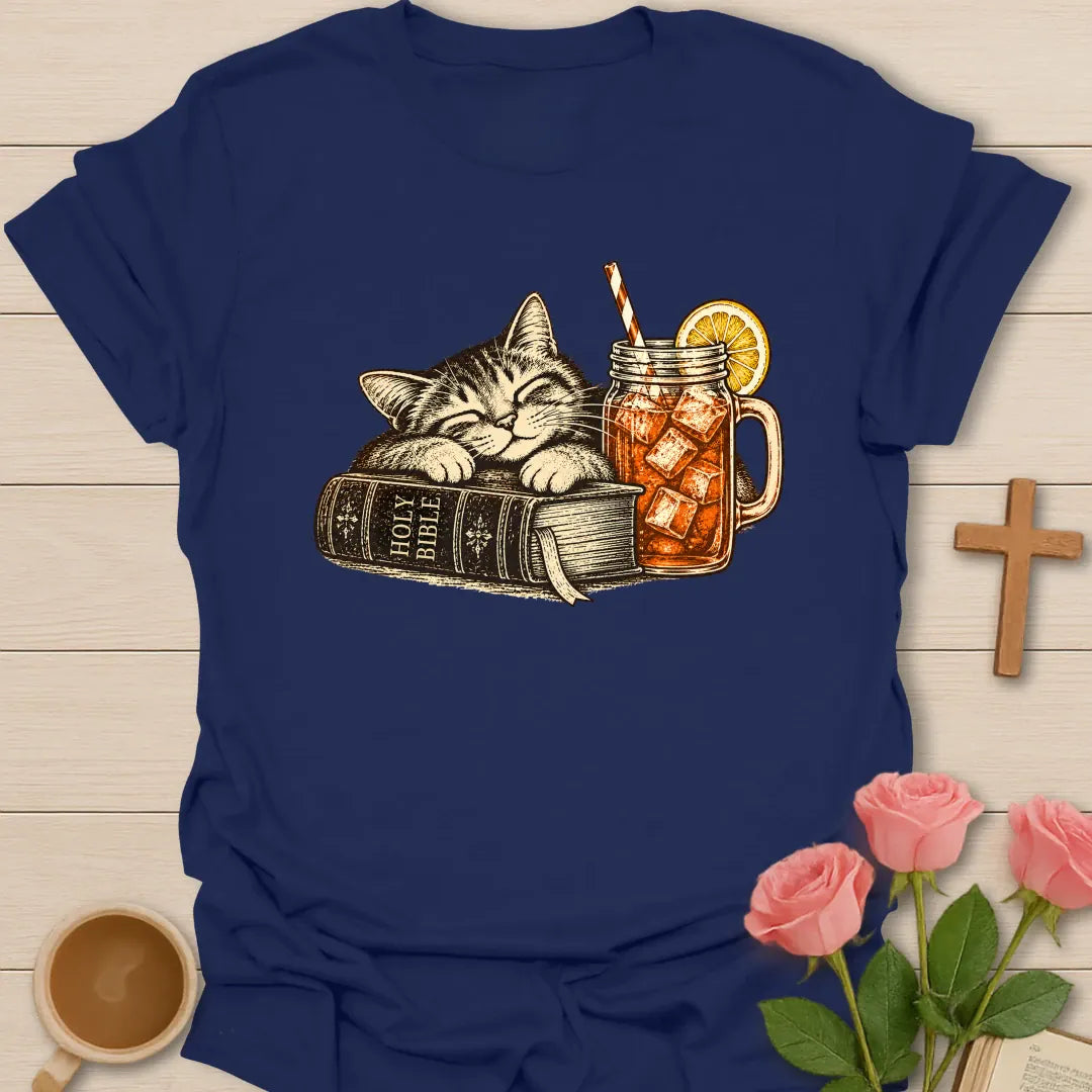 Feline Sweet Tea t-shirt with a vintage sleeping tabby cat resting on a Holy Bible next to a mason jar of iced sweet tea with lemon - Navy