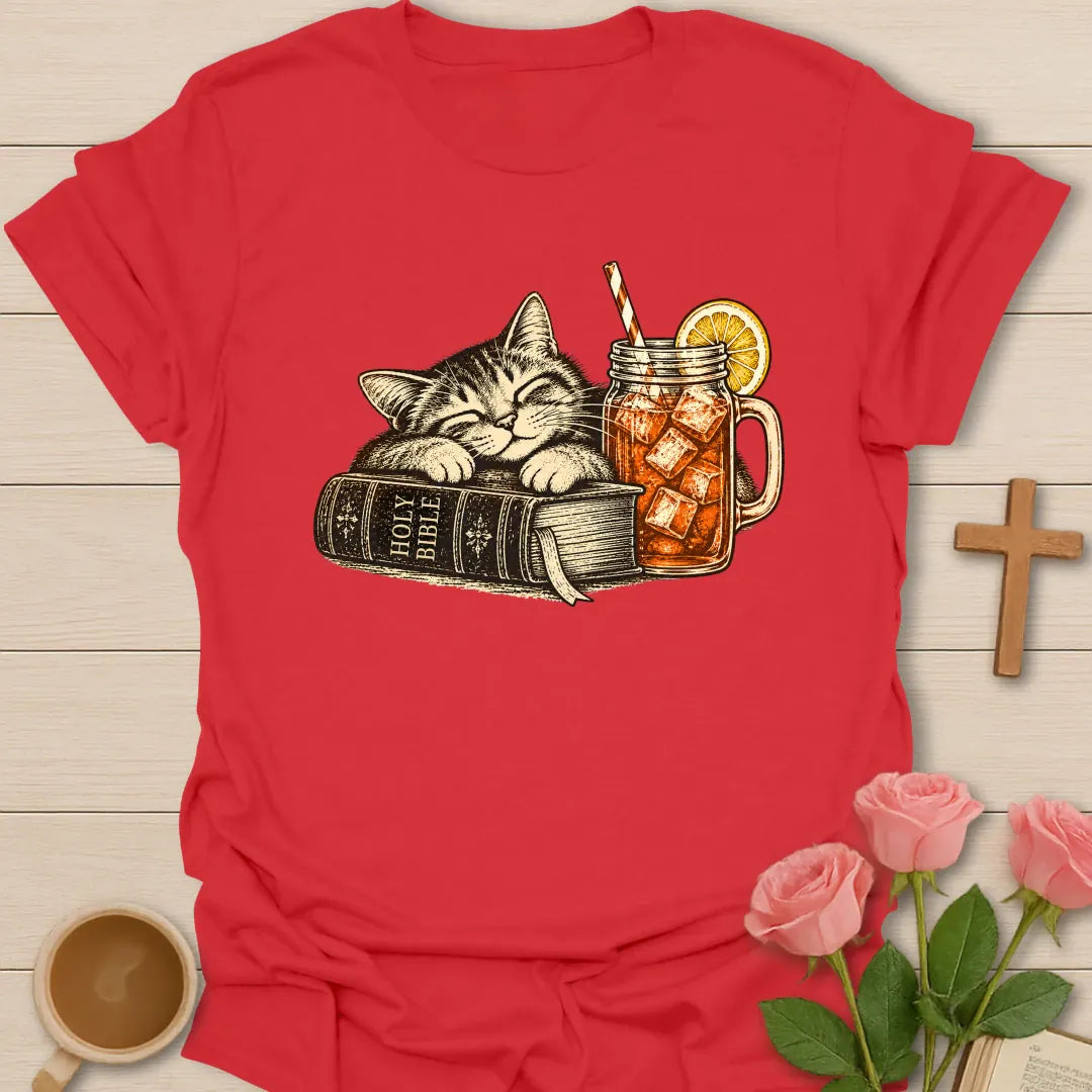 Feline Sweet Tea t-shirt with a vintage sleeping tabby cat resting on a Holy Bible next to a mason jar of iced sweet tea with lemon - Red