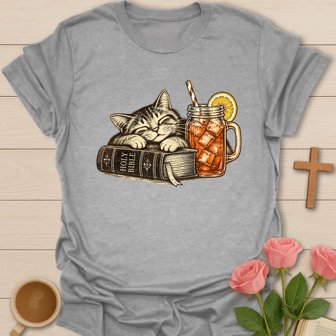Feline Sweet Tea t-shirt with a vintage sleeping tabby cat resting on a Holy Bible next to a mason jar of iced sweet tea with lemon - Sport Grey
