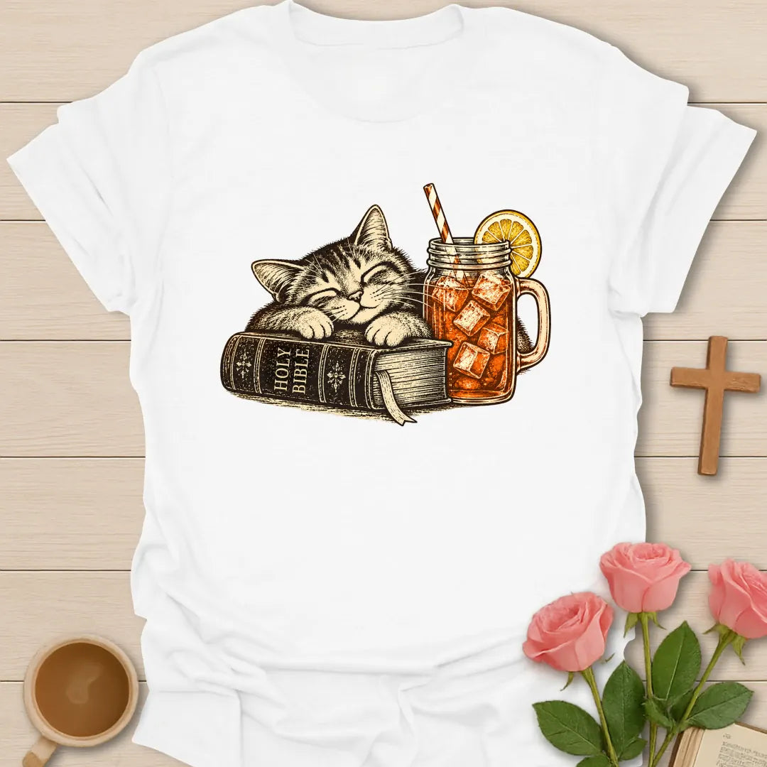 Feline Sweet Tea t-shirt with a vintage sleeping tabby cat resting on a Holy Bible next to a mason jar of iced sweet tea with lemon - White