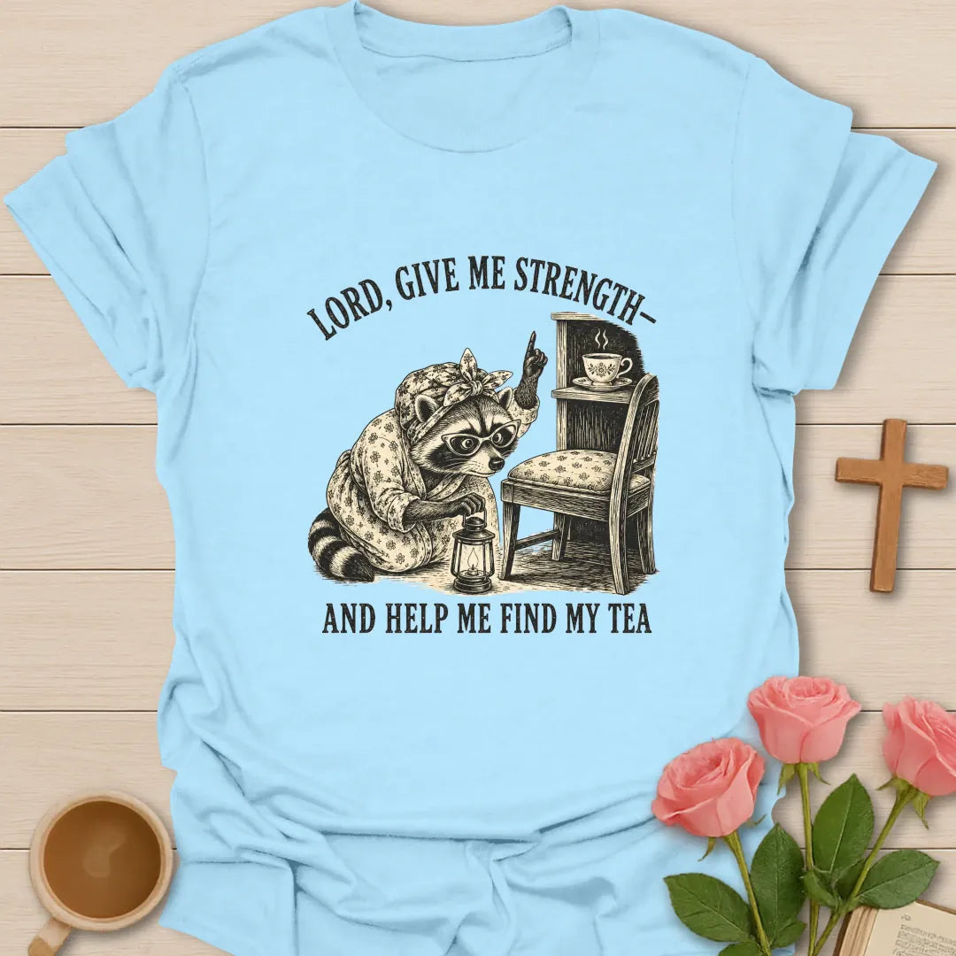 Find My Tea shirt with teacup, playful lettering, and faith-inspired design. - Light Blue