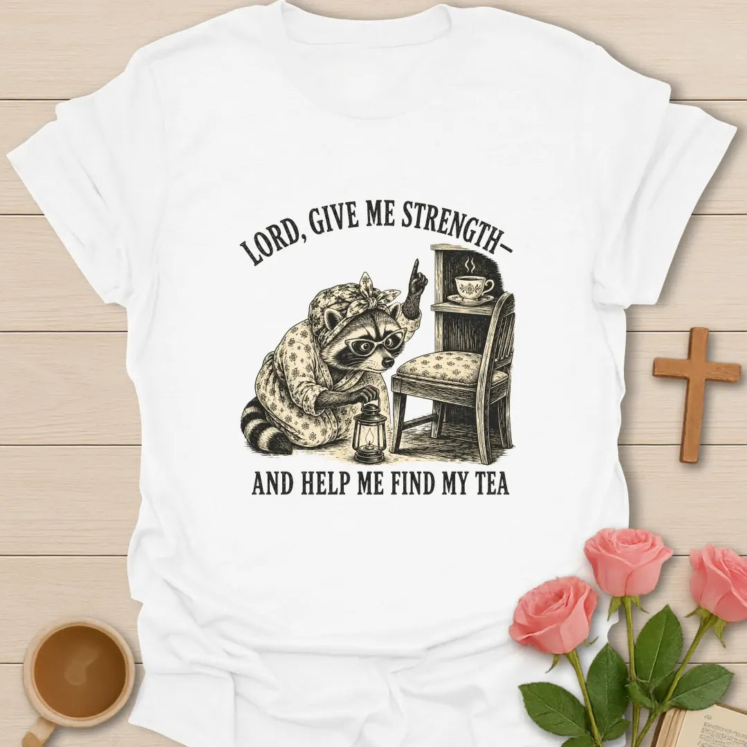 Find My Tea shirt with teacup, playful lettering, and faith-inspired design. - White