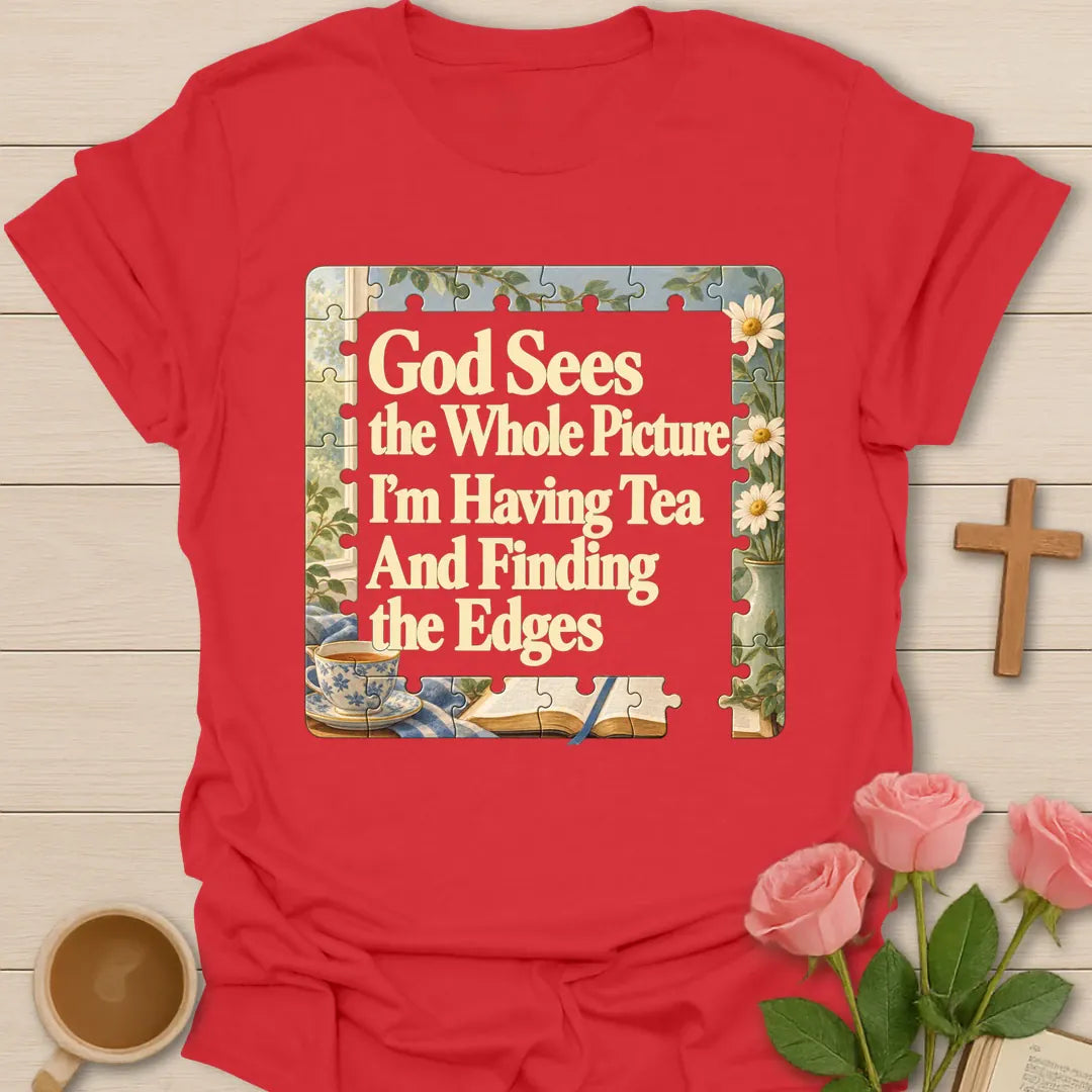 Fixing The Puzzle Christian tea shirt with faith-inspired lettering design - Red
