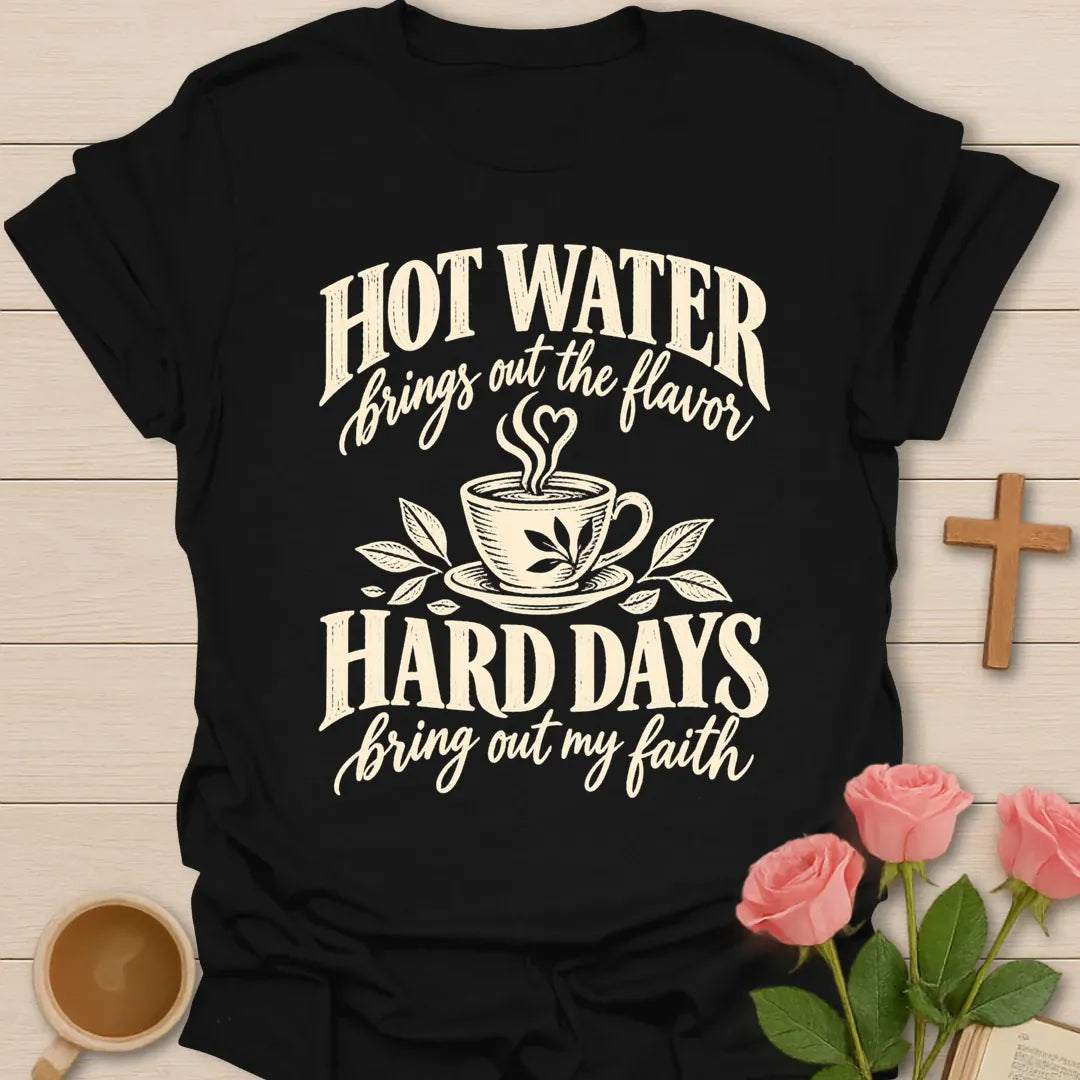 Flavor & Faith Christian t-shirt with tea-inspired lettering and faith design - Black
