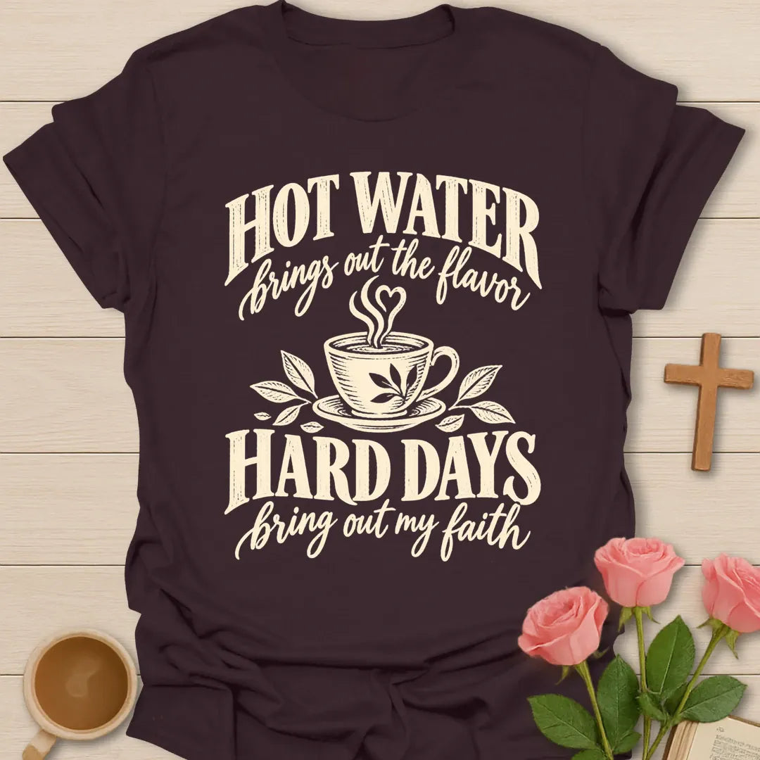 Flavor & Faith Christian t-shirt with tea-inspired lettering and faith design - Dark Chocolate