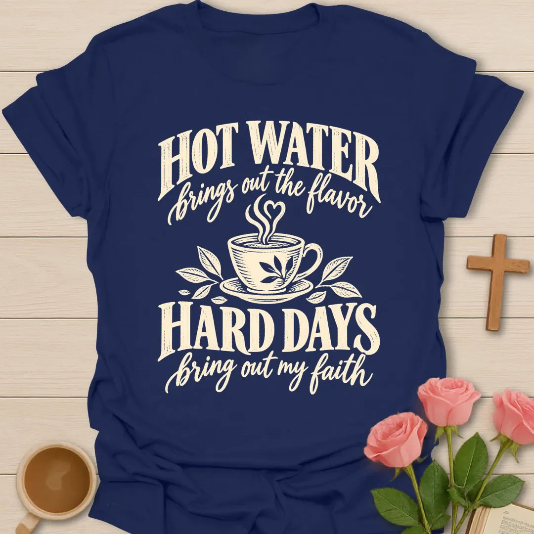 Flavor & Faith Christian t-shirt with tea-inspired lettering and faith design - Navy