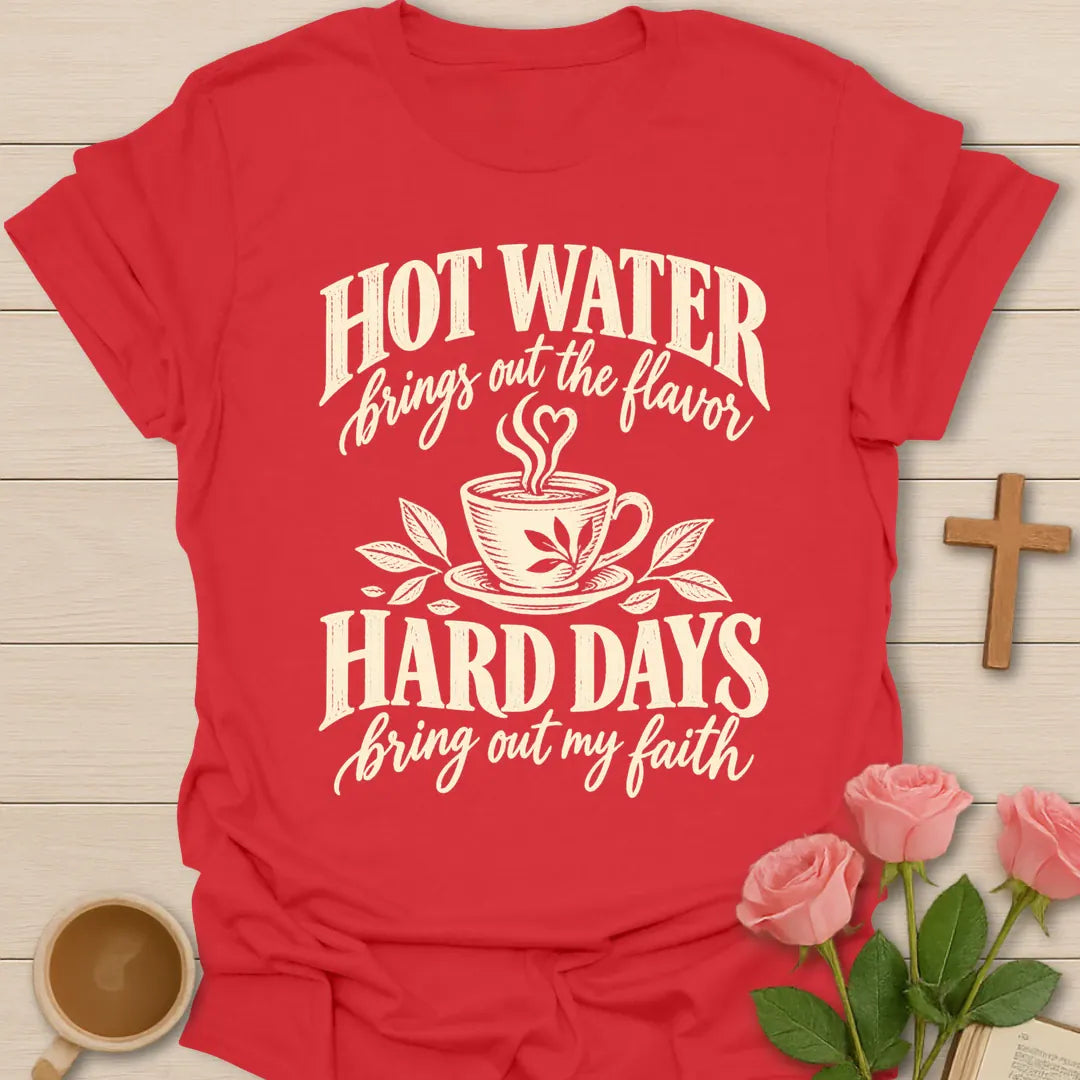 Flavor & Faith Christian t-shirt with tea-inspired lettering and faith design - Red
