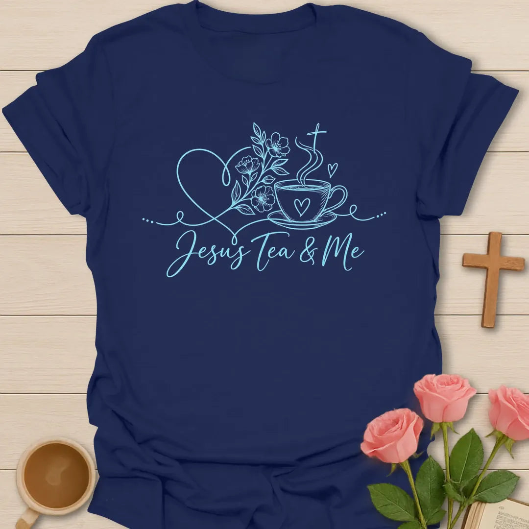 Floral Jesus t-shirt with floral lettering and botanical faith design - Navy