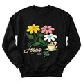 Floral Jesus and Tea sweatshirt with flowers, teacup and faith lettering - Black