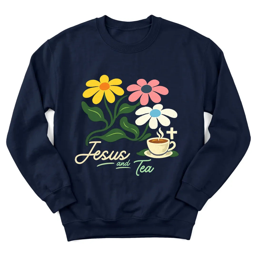Floral Jesus and Tea sweatshirt with flowers, teacup and faith lettering - Navy