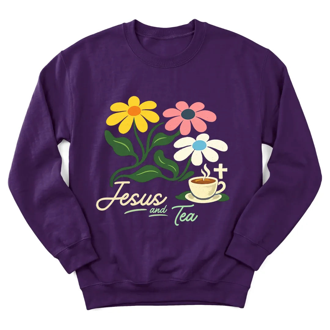 Floral Jesus and Tea sweatshirt with flowers, teacup and faith lettering - Purple