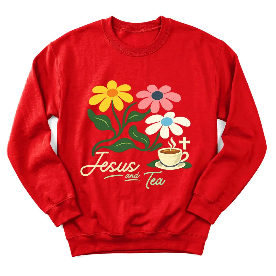 Floral Jesus and Tea sweatshirt with flowers, teacup and faith lettering - Red