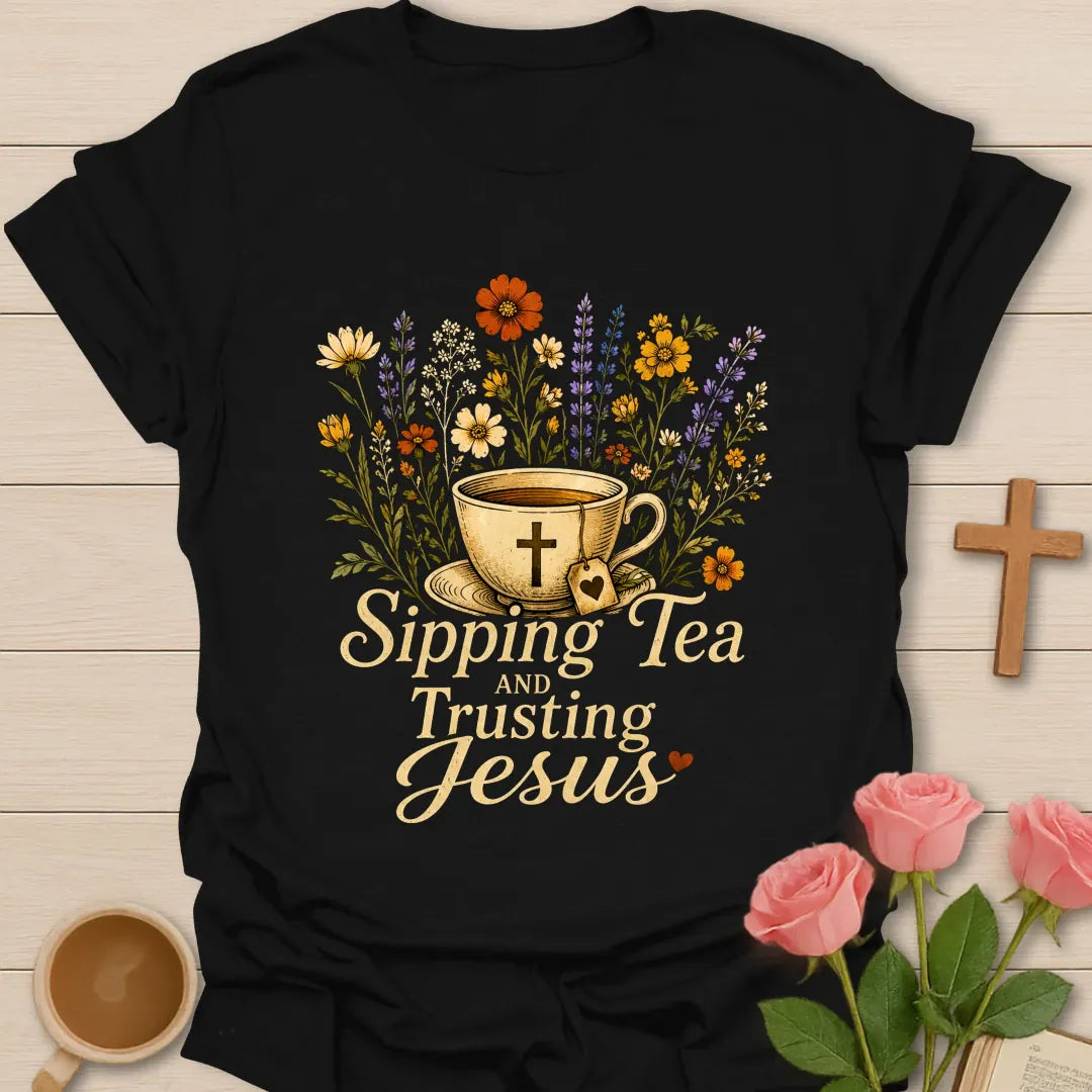 Floral Sipping and Trusting shirt with teacup, florals, cross, and cream vintage lettering. - Black